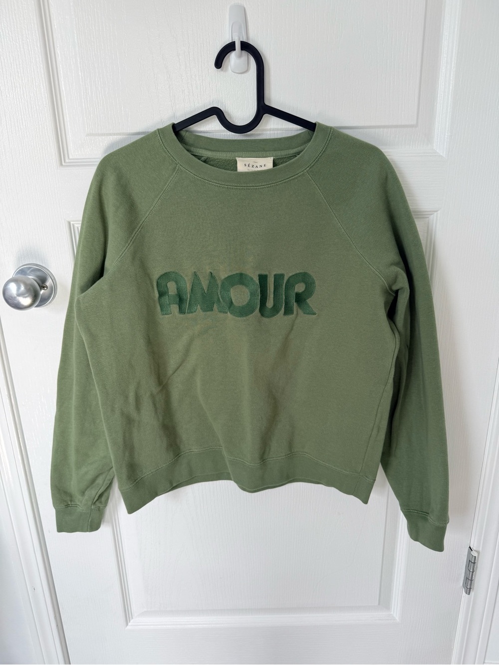 Sezane Embroidered Amour Light Green Sage Crewneck Sweater Size XS